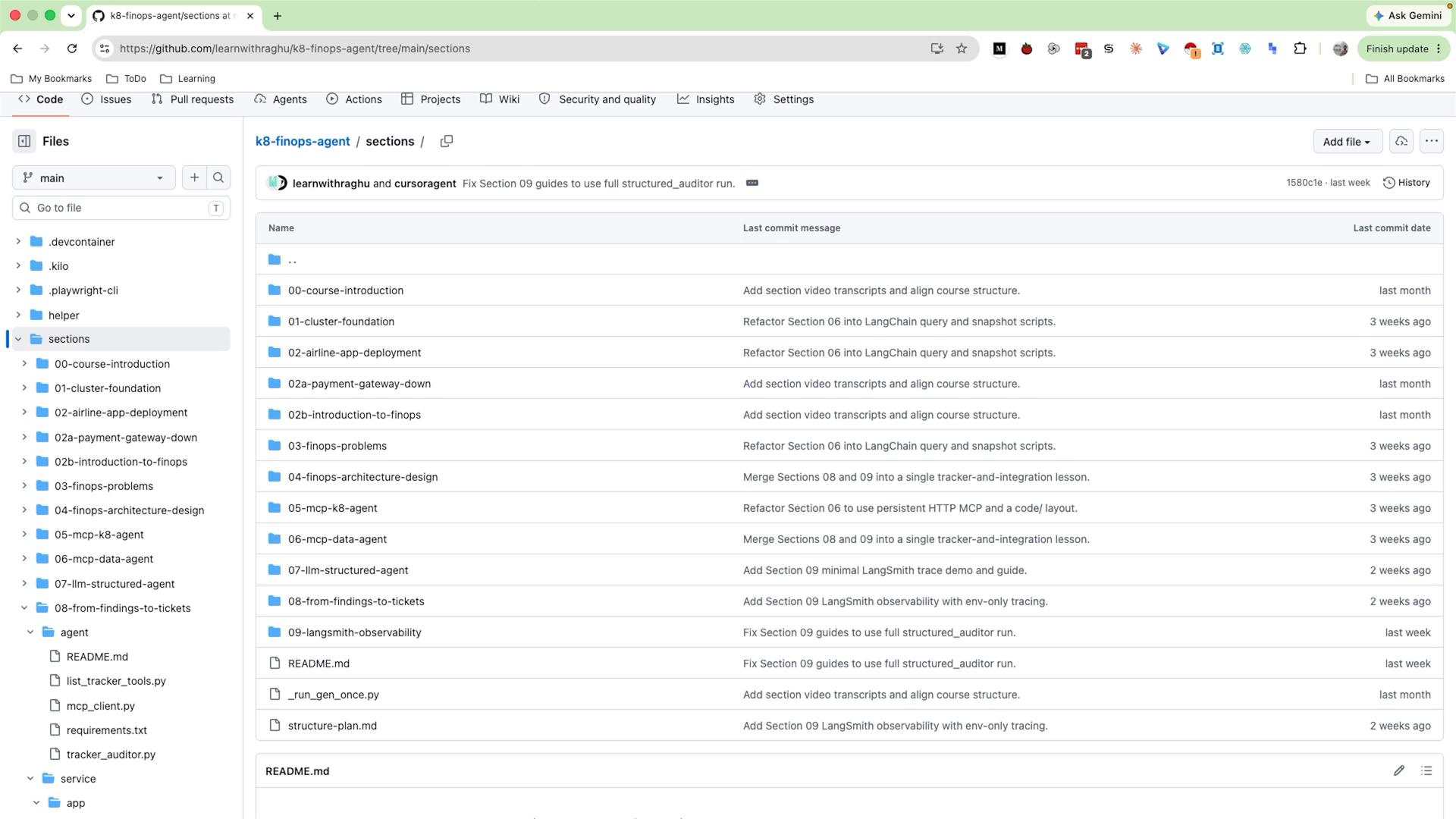 A screenshot of a GitHub repository file view showing the "sections" directory: a left sidebar file tree and a main pane listing many numbered subfolders (00–09) with their last commit messages and dates. The browser URL and GitHub header are visible along the top.