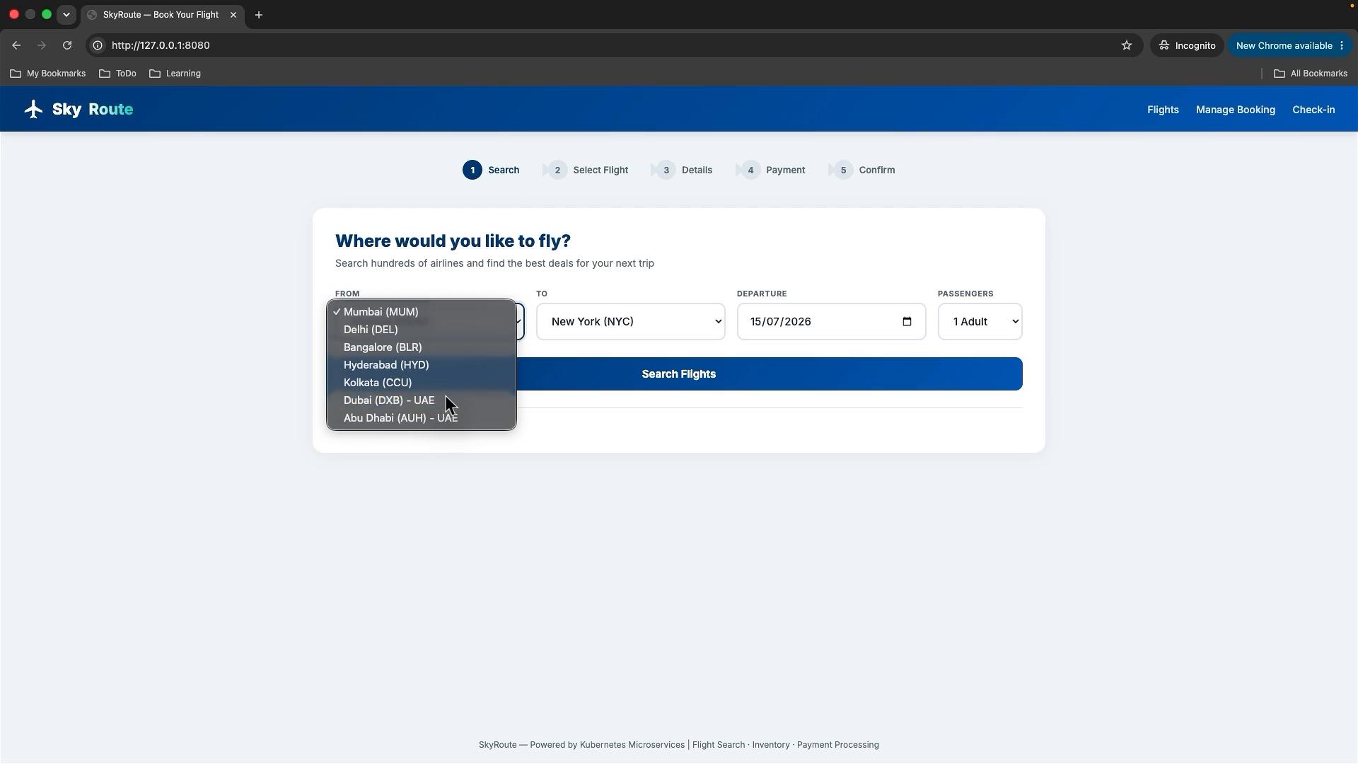 Screenshot of a flight-booking page for "Sky Route." The search form shows an open "From" dropdown with cities (Mumbai, Delhi, Bangalore, etc.), "To" set to New York (NYC), a departure date, passenger selector, and a large "Search Flights" button.