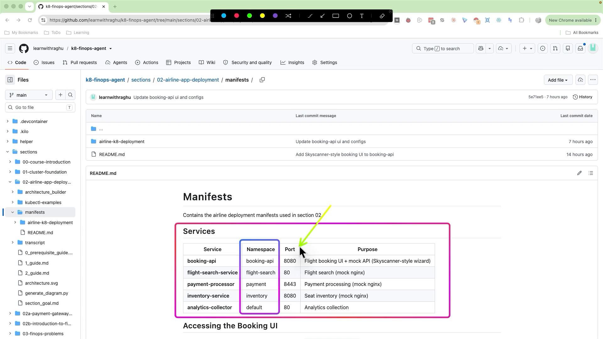 A screenshot of a GitHub repository page (k8-finops-agent) showing the "manifests" folder and README content. The README displays a highlighted "Services" table listing service names, namespaces, ports and purposes.