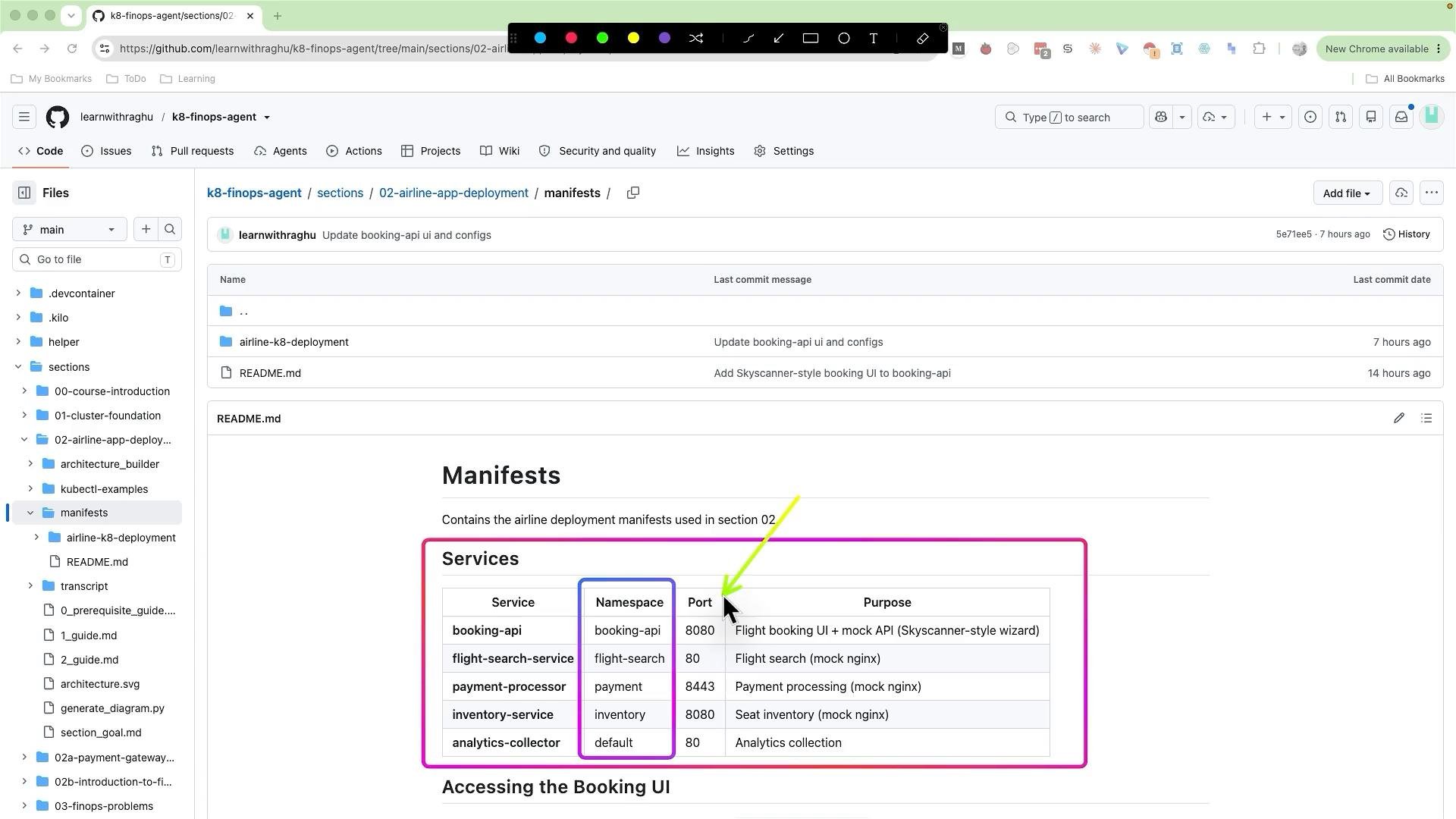 A screenshot of a GitHub repository page (k8-finops-agent) showing the "manifests" folder and README content. The README displays a highlighted "Services" table listing service names, namespaces, ports and purposes.