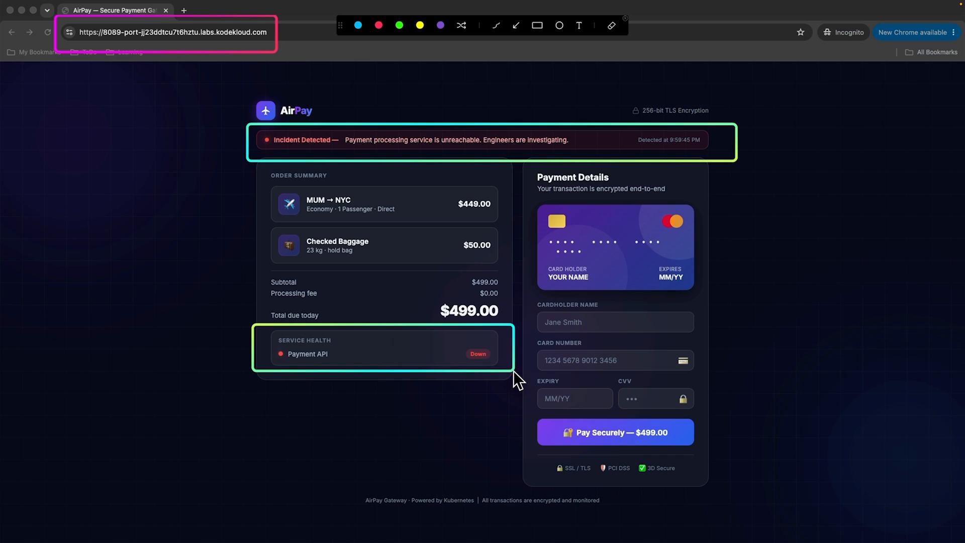 A dark-themed checkout screenshot for "AirPay" showing an order summary and card payment form on the right. A red incident banner and a service health box indicate the Payment API is down and the payment processing service is unreachable.