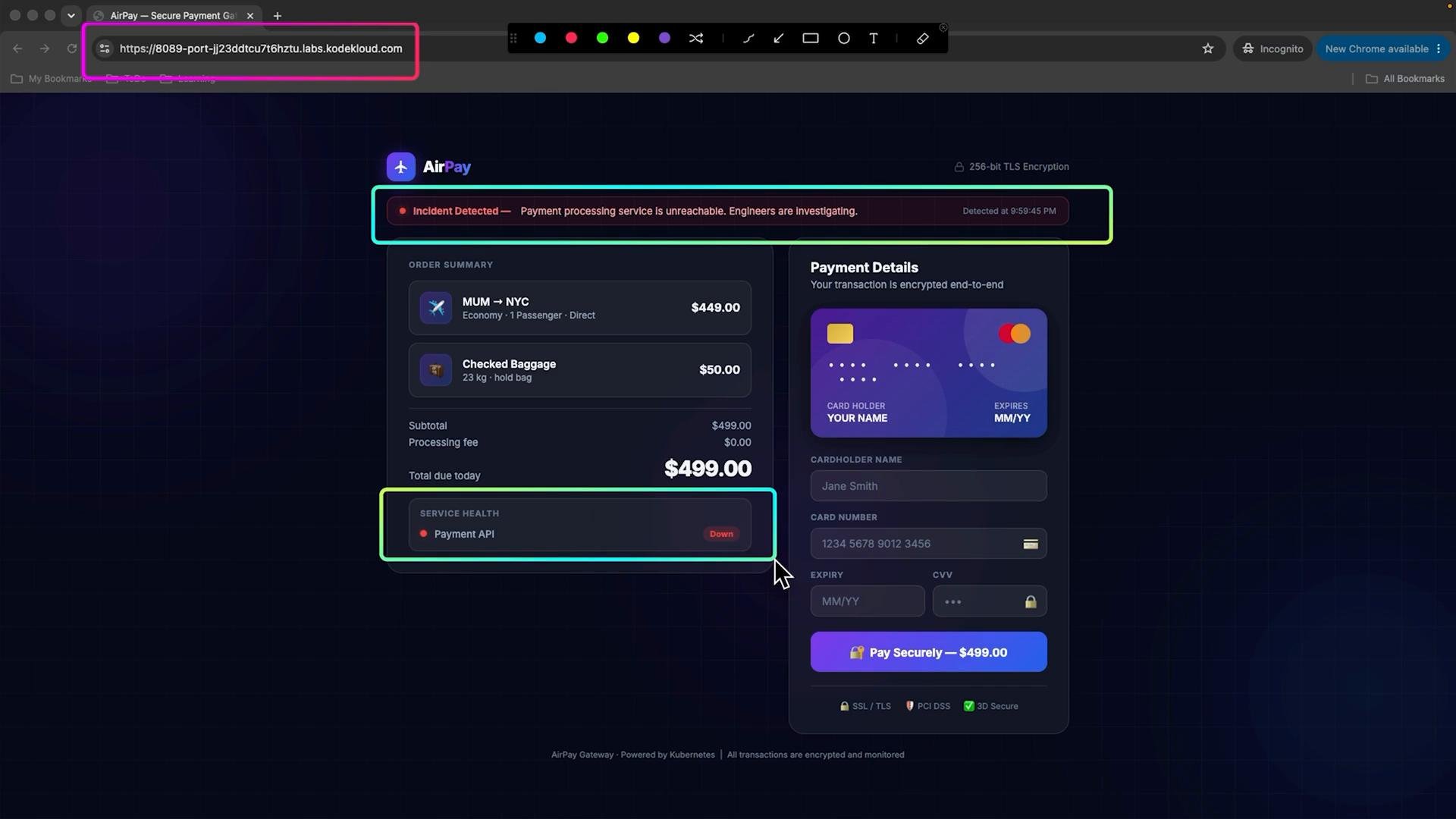 A dark-themed checkout screenshot for "AirPay" showing an order summary and card payment form on the right. A red incident banner and a service health box indicate the Payment API is down and the payment processing service is unreachable.