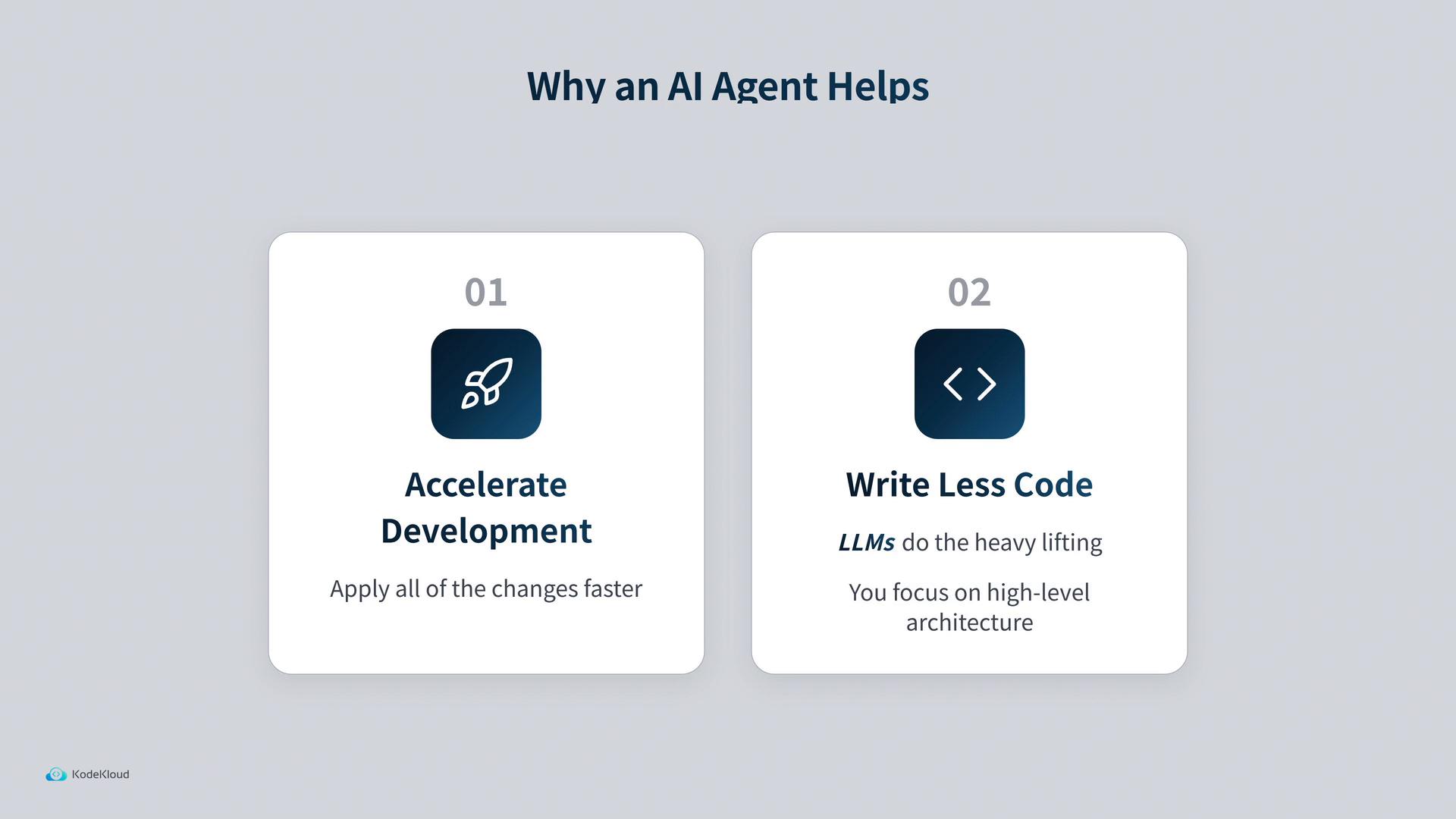 A slide titled "Why an AI Agent Helps" showing two feature cards: "01 Accelerate Development" with a rocket icon, and "02 Write Less Code" with a code icon and the note that LLMs do the heavy lifting.