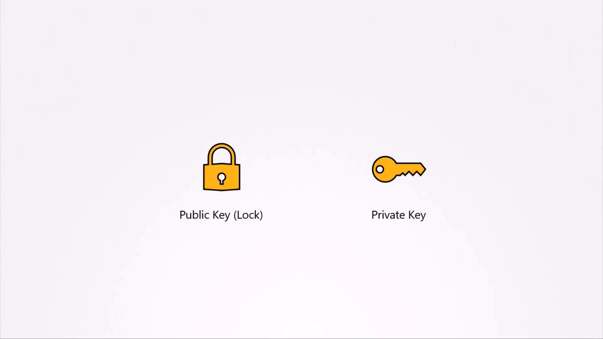 The image shows two orange icons on a pale background: a padlock on the left labeled "Public Key (Lock)" and a key on the right labeled "Private Key." It visually represents the public/private key concept used in cryptography.