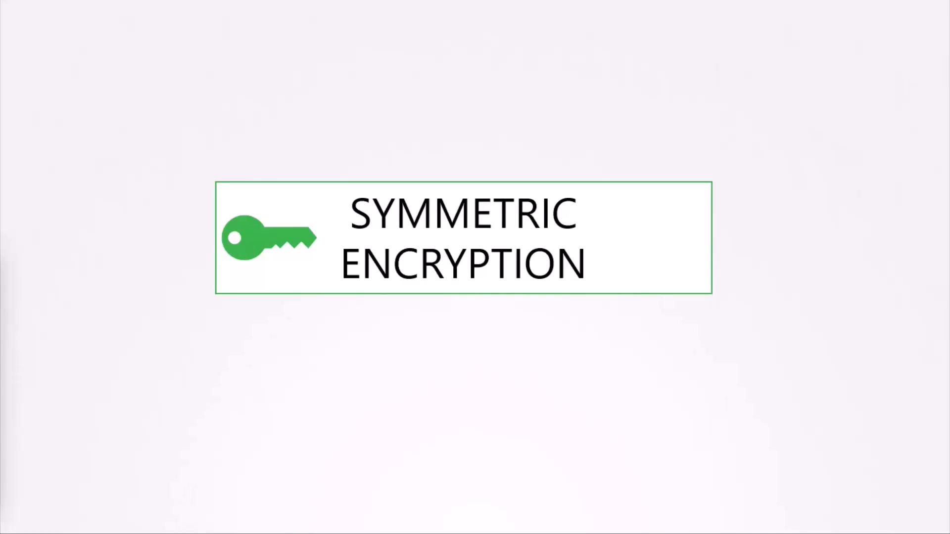 A white rectangular box with a green key icon and the words "SYMMETRIC ENCRYPTION" in bold black text. The box has a thin green border and sits on a pale background.