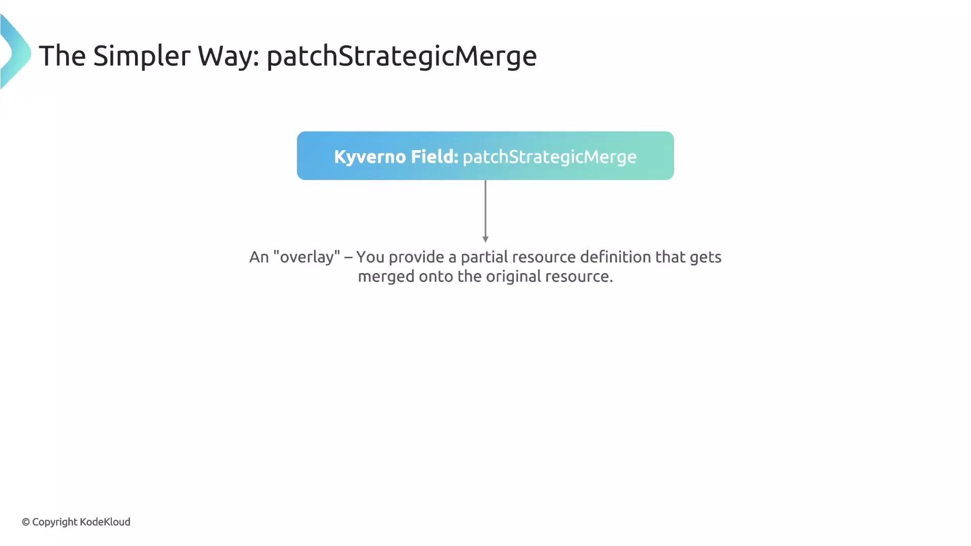 The image explains the "patchStrategicMerge" method in Kyverno, describing it as an "overlay" where a partial resource definition is merged onto the original resource.