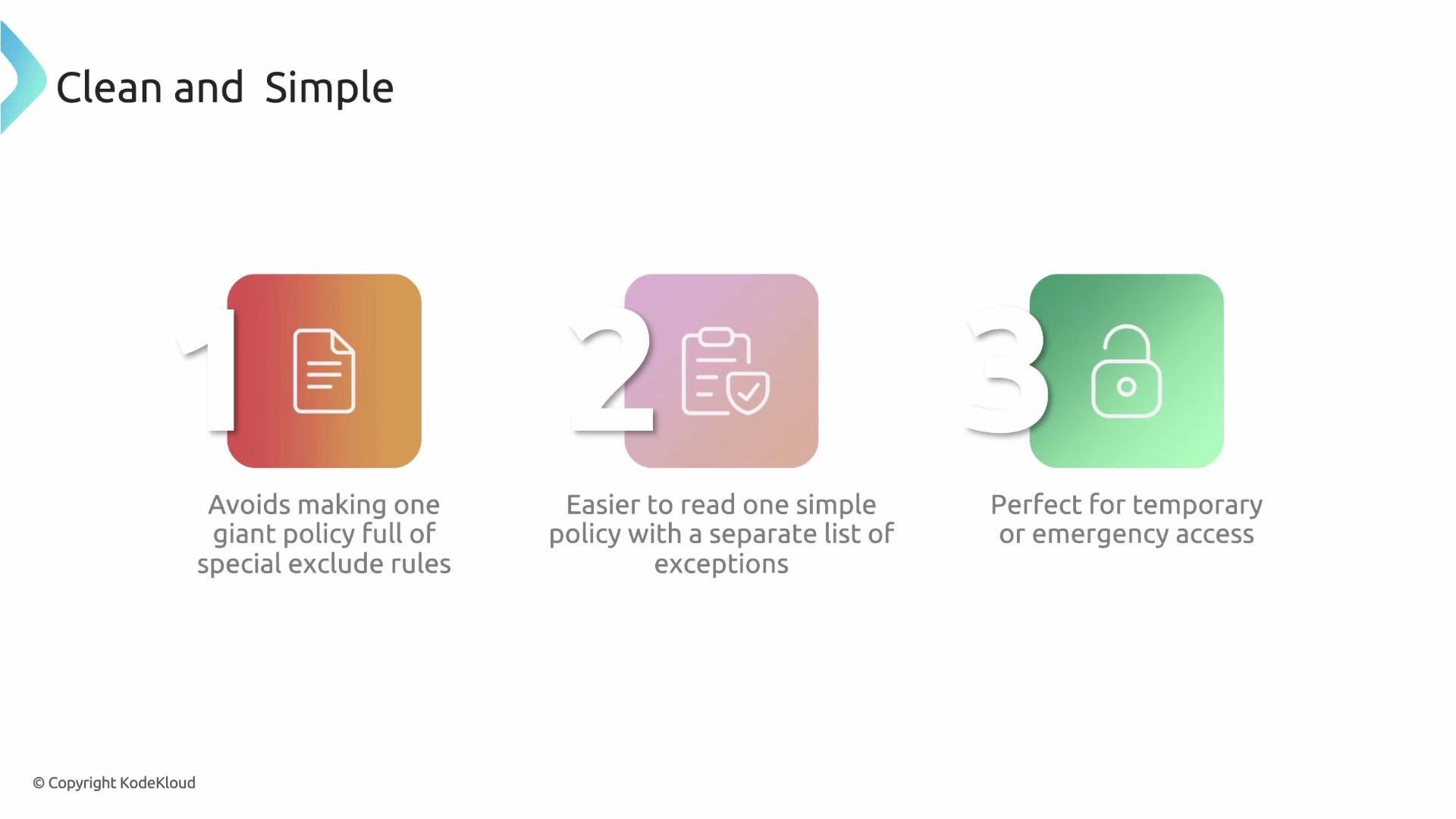 The image presents a visual guide titled "Clean and Simple," highlighting three points: avoiding complex policies, readability through simpler policies with exceptions, and suitability for temporary or emergency access.