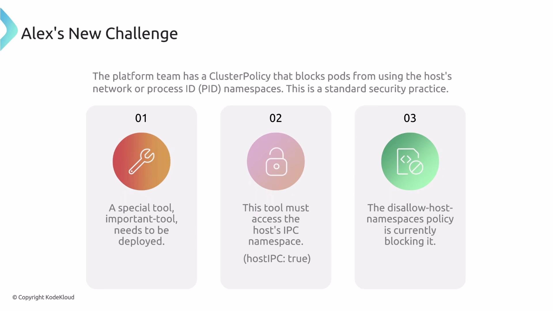 The image describes a challenge where a ClusterPolicy blocks pods from using host network or process ID namespaces, affecting a tool that requires access to the host's IPC namespace.