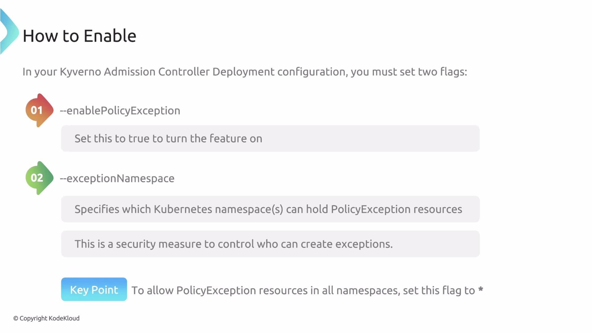 The image provides instructions on enabling PolicyException in Kyverno Admission Controller Deployment by setting two flags: --enablePolicyException and --exceptionNamespace. It highlights a key point about allowing resources in all namespaces.