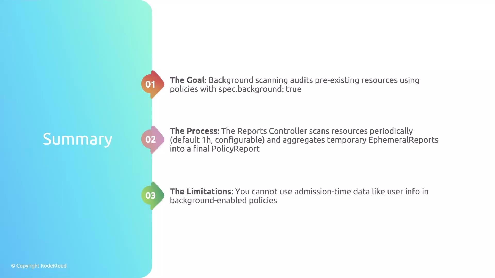 The image is a summary of a background scanning process that consists of three points: the goal of auditing pre-existing resources, the process of scanning and aggregating reports, and the limitations regarding the use of admission-time data.