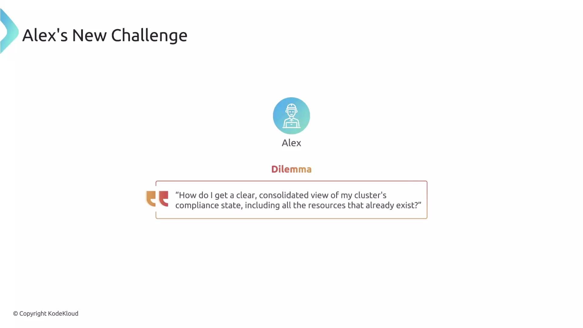 The image shows a challenge faced by Alex, who is seeking a consolidated view of a cluster's compliance state. There's a graphic of Alex with a speech bubble quoting the dilemma.