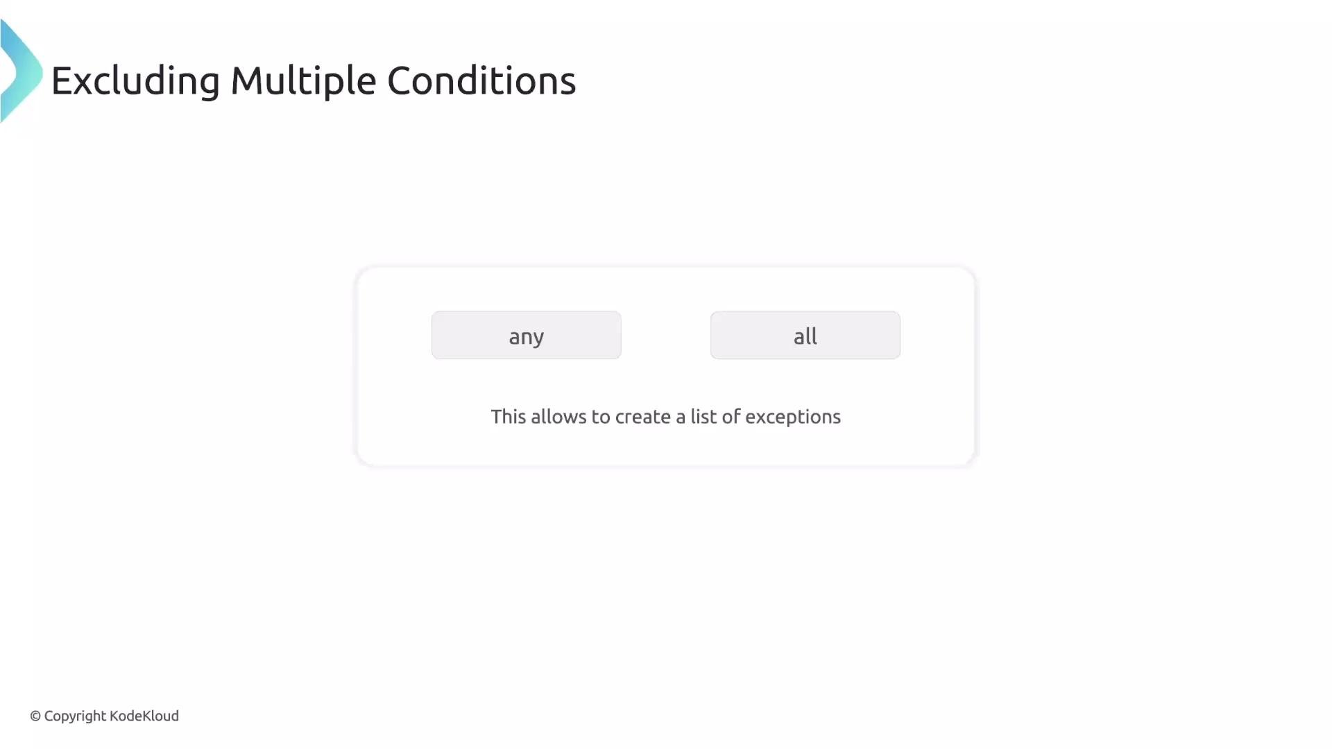 The image is a slide titled "Excluding Multiple Conditions" with buttons labeled "any" and "all," indicating options for creating a list of exceptions.