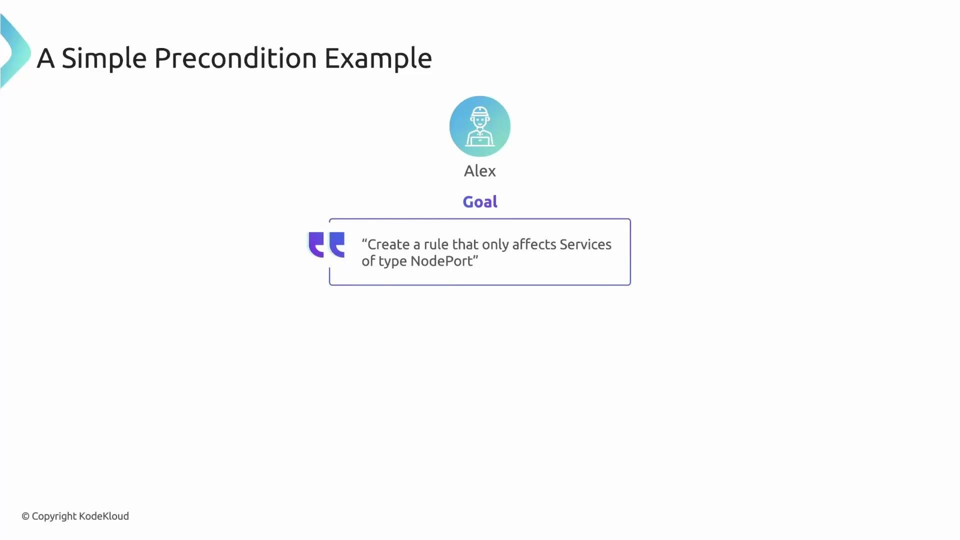 The image illustrates a simple precondition example with "Alex" having the goal to "create a rule that only affects services of type NodePort."