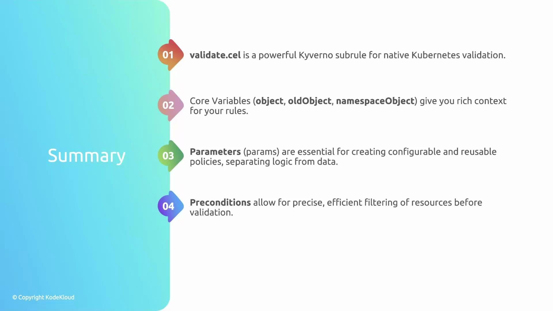 The image is a summary of key concepts related to Kubernetes validation using Kyverno, including details about validate.cel, core variables, parameters, and preconditions, presented with a colorful numbered design.