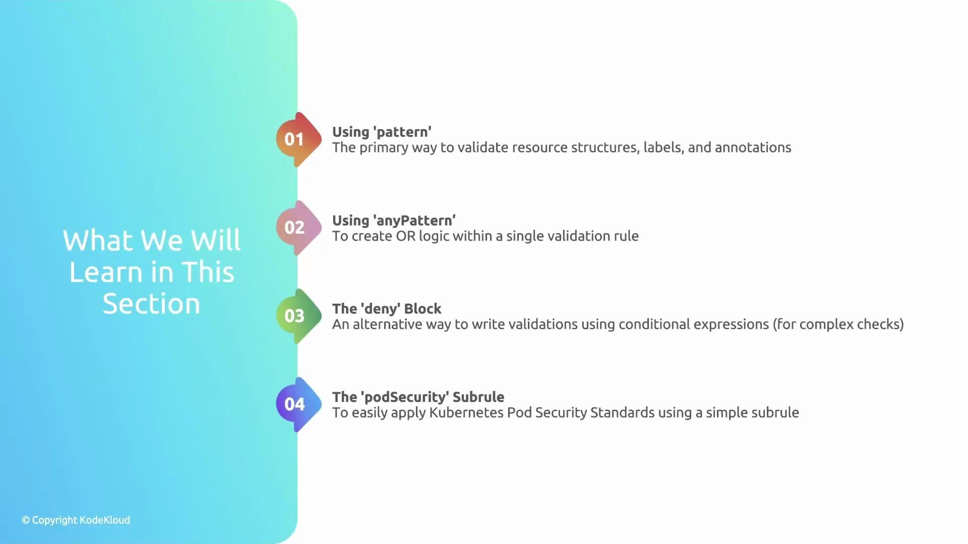 The image outlines four topics to learn in a section: using 'pattern', using 'anyPattern', the 'deny' block, and the 'podSecurity' subrule, with brief descriptions of each.