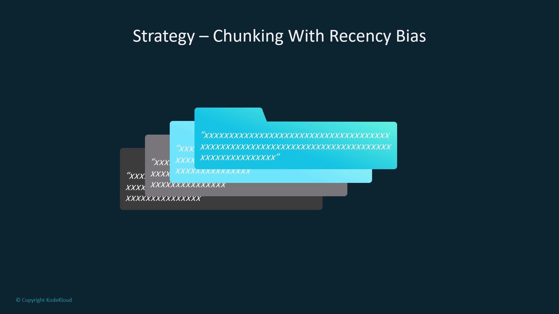 The image illustrates the concept of "Chunking With Recency Bias," featuring overlapping text segments in shades of black, gray, and blue, resembling layers of information.