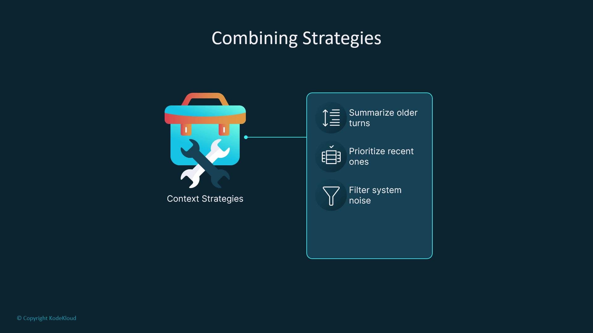 The image illustrates "Combining Strategies," showing a toolbox labeled "Context Strategies" alongside a list of strategies: "Summarize older turns," "Prioritize recent ones," and "Filter system noise."