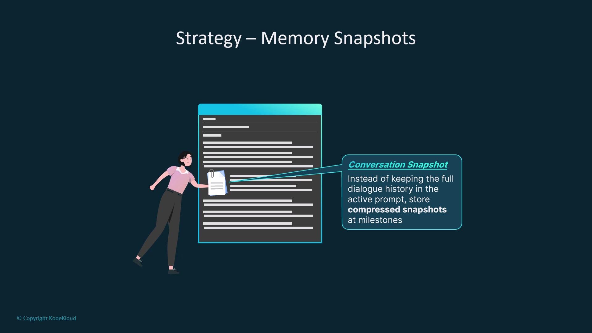 The image illustrates a strategy for "Memory Snapshots," showing a woman pointing at a document with a highlighted text box explaining the concept of storing compressed dialogue snapshots at milestones.
