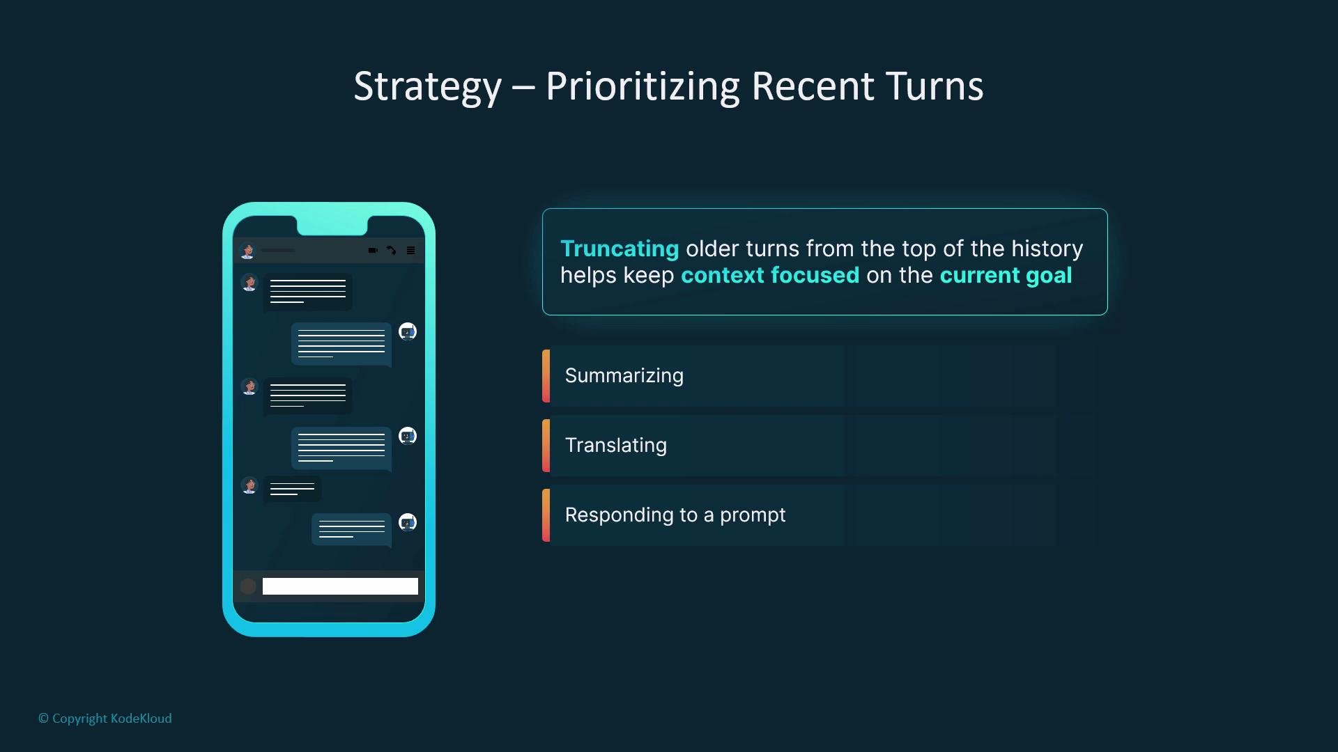 The image shows a mobile phone displaying a chat interface, accompanied by a strategy for prioritizing recent turns by truncating older history to focus on the current goal, with tasks like summarizing, translating, and responding to a prompt.