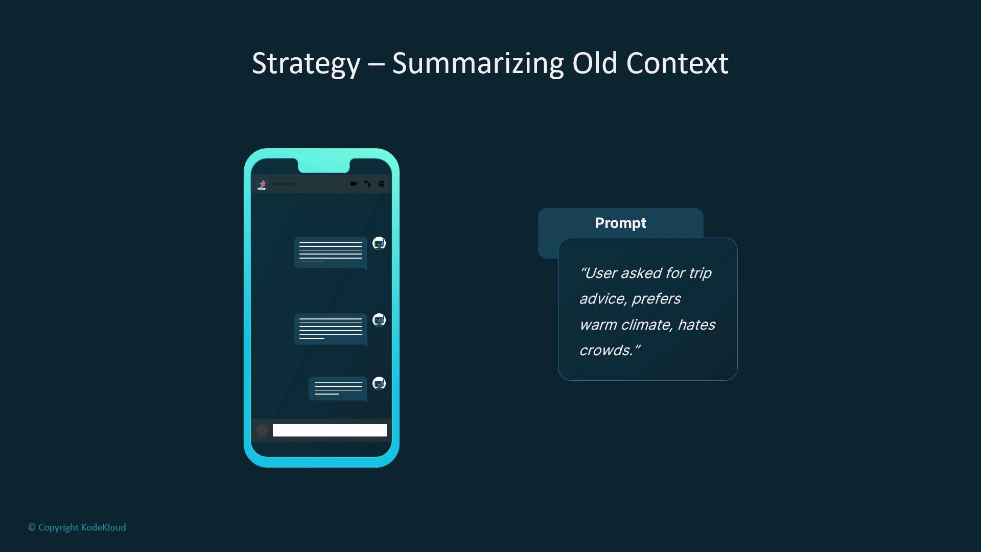 The image shows a smartphone displaying a chat interface with a prompt summarizing user preferences for trip advice, emphasizing a warm climate and avoiding crowds.