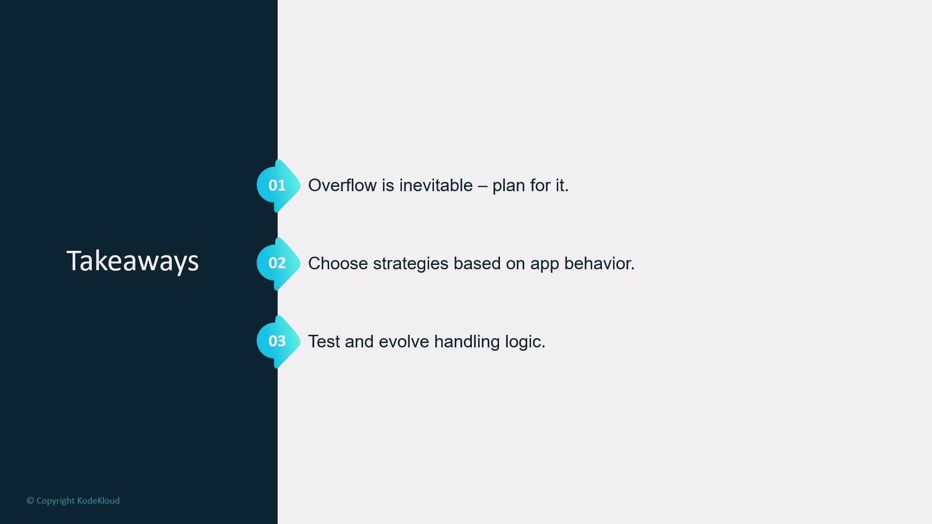 The image displays three takeaways: planning for inevitable overflow, choosing strategies based on app behavior, and testing and evolving handling logic.