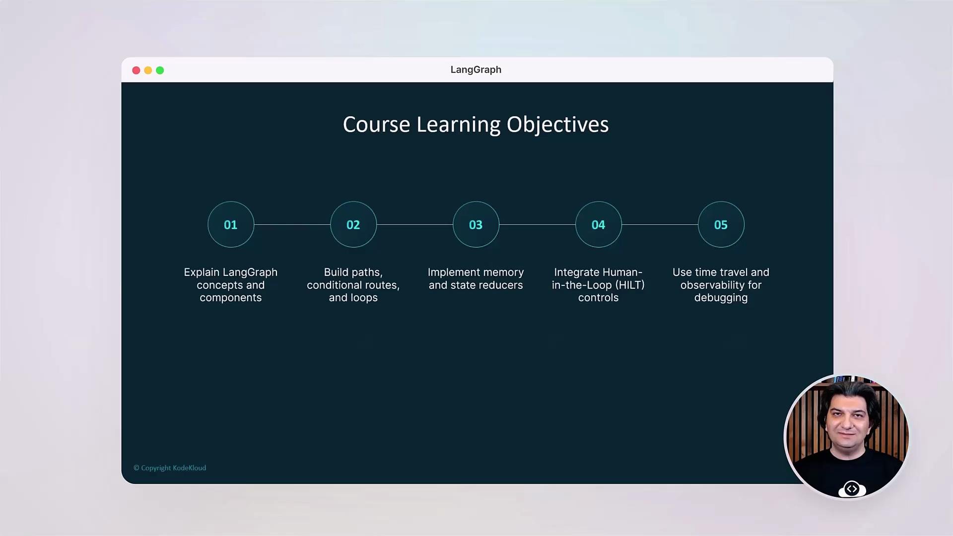 The image presents a course's learning objectives in a list format, including explaining concepts, building paths, implementing memory, integrating controls, and using time travel for debugging. A person is pictured in the bottom right corner.