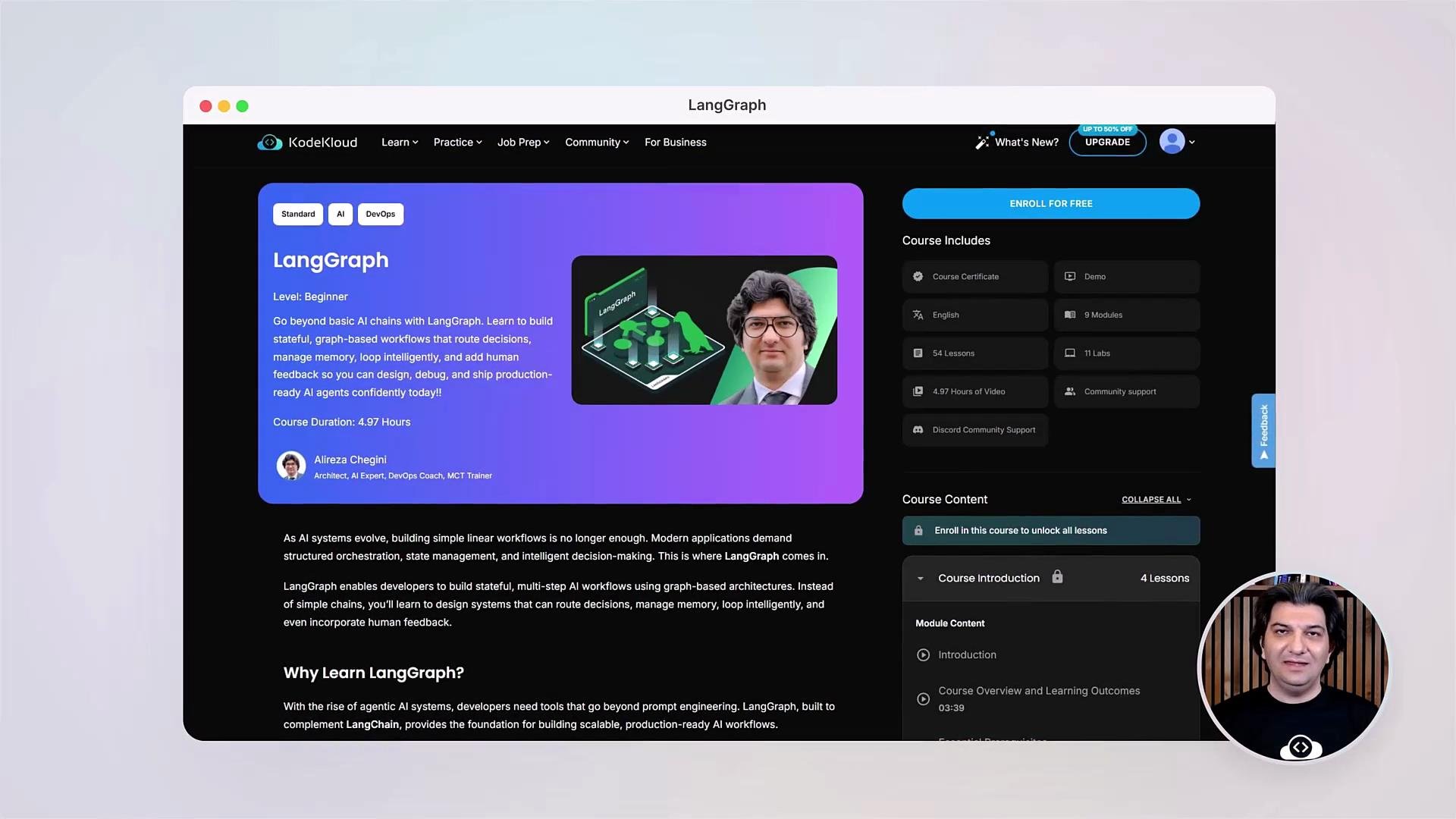 The image is a screenshot of a website offering a course called "LangGraph" for building AI workflows, targeted at beginners and hosted on KodeKloud. The page includes course details, such as duration, modules, and an instructor photo.
