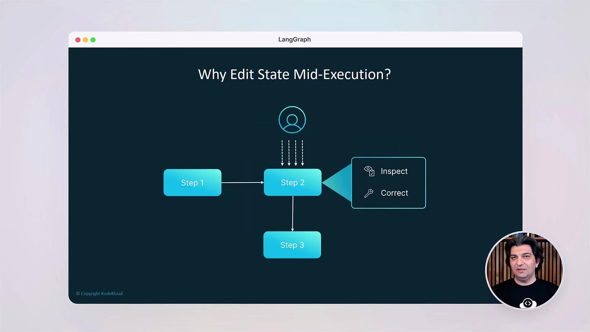 The image shows a flowchart labeled "Why Edit State Mid-Execution?" with three steps linked together. There's an emphasis on inspecting and correcting at "Step 2," alongside an icon of a person, and a video call frame in the bottom right corner with a person speaking.