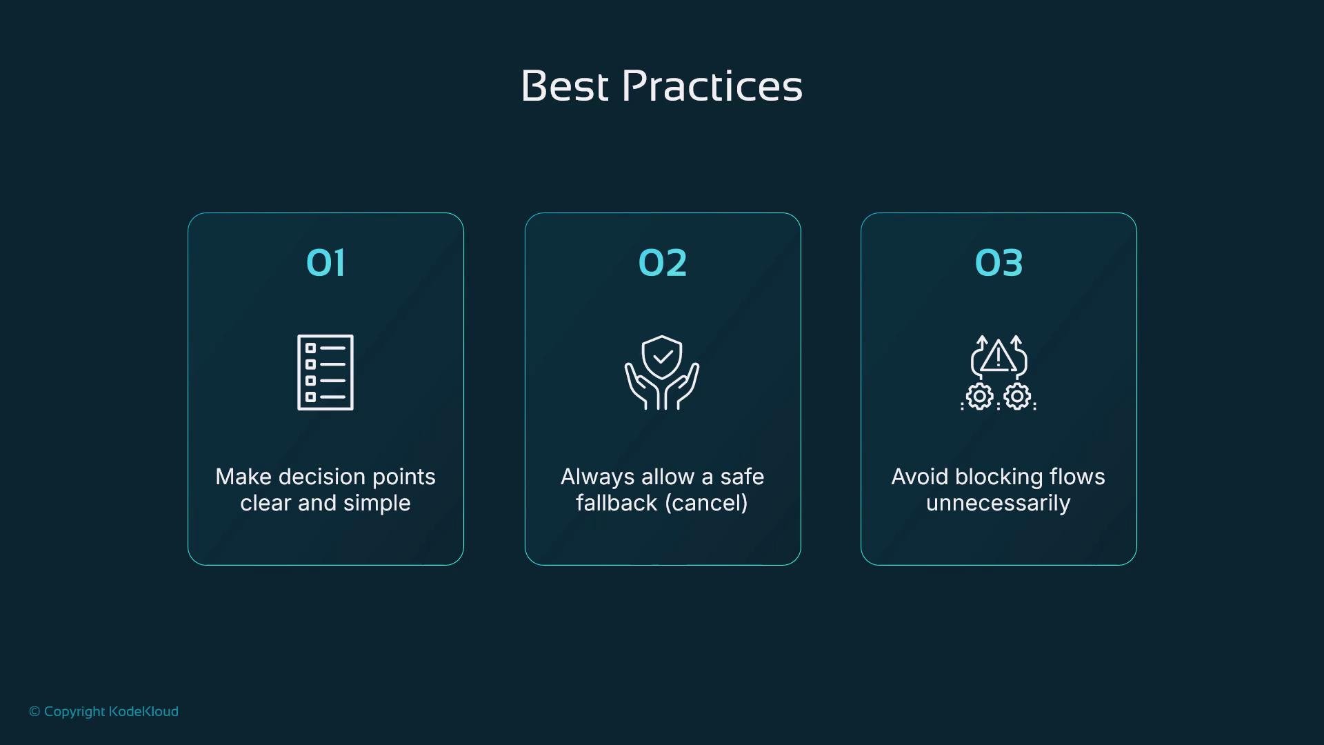 The image lists three best practices with icons: make decision points clear and simple, always allow a safe fallback, and avoid blocking flows unnecessarily.