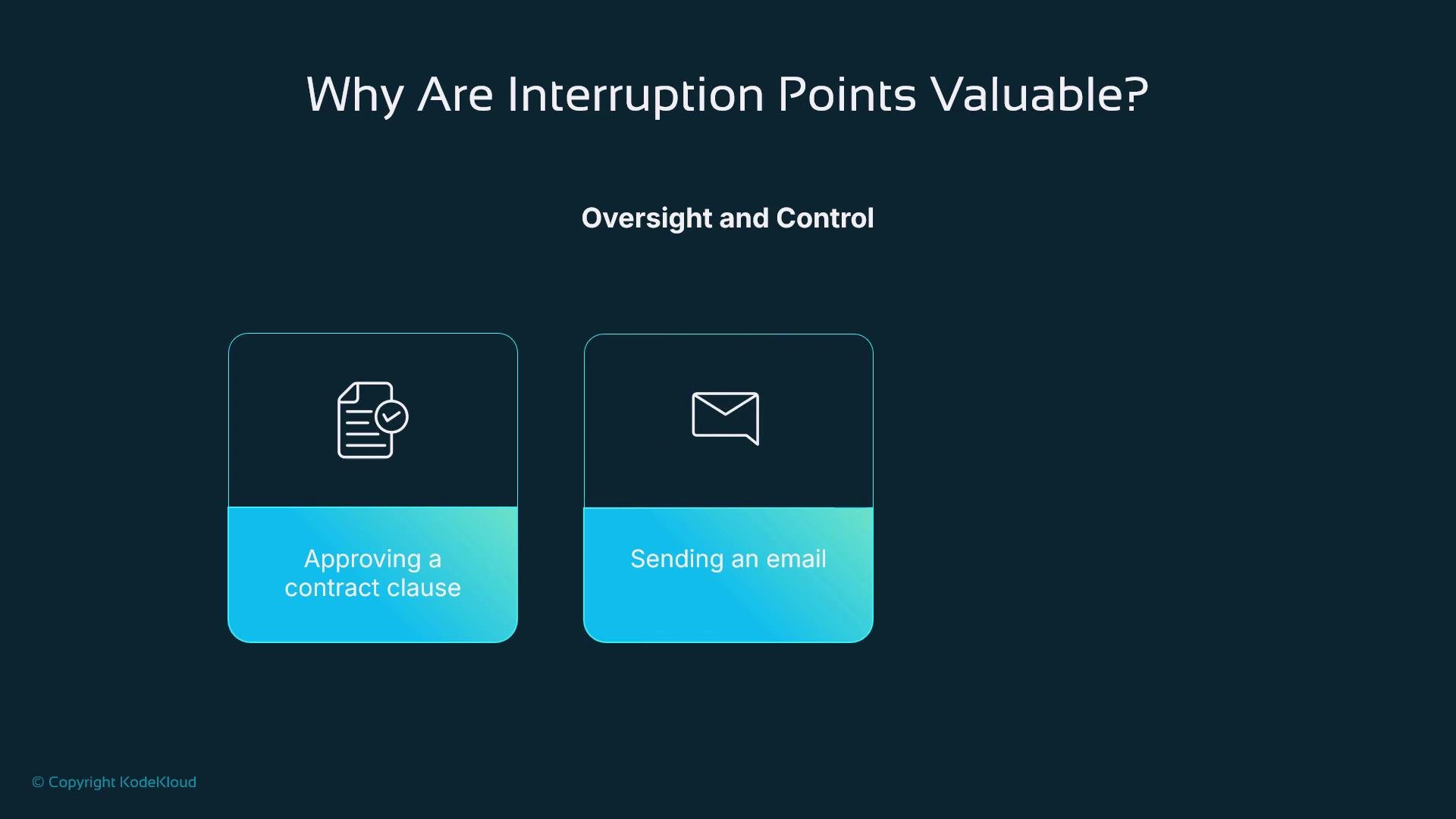 The image highlights the value of interruption points for oversight and control, specifically in processes like approving a contract clause and sending an email.