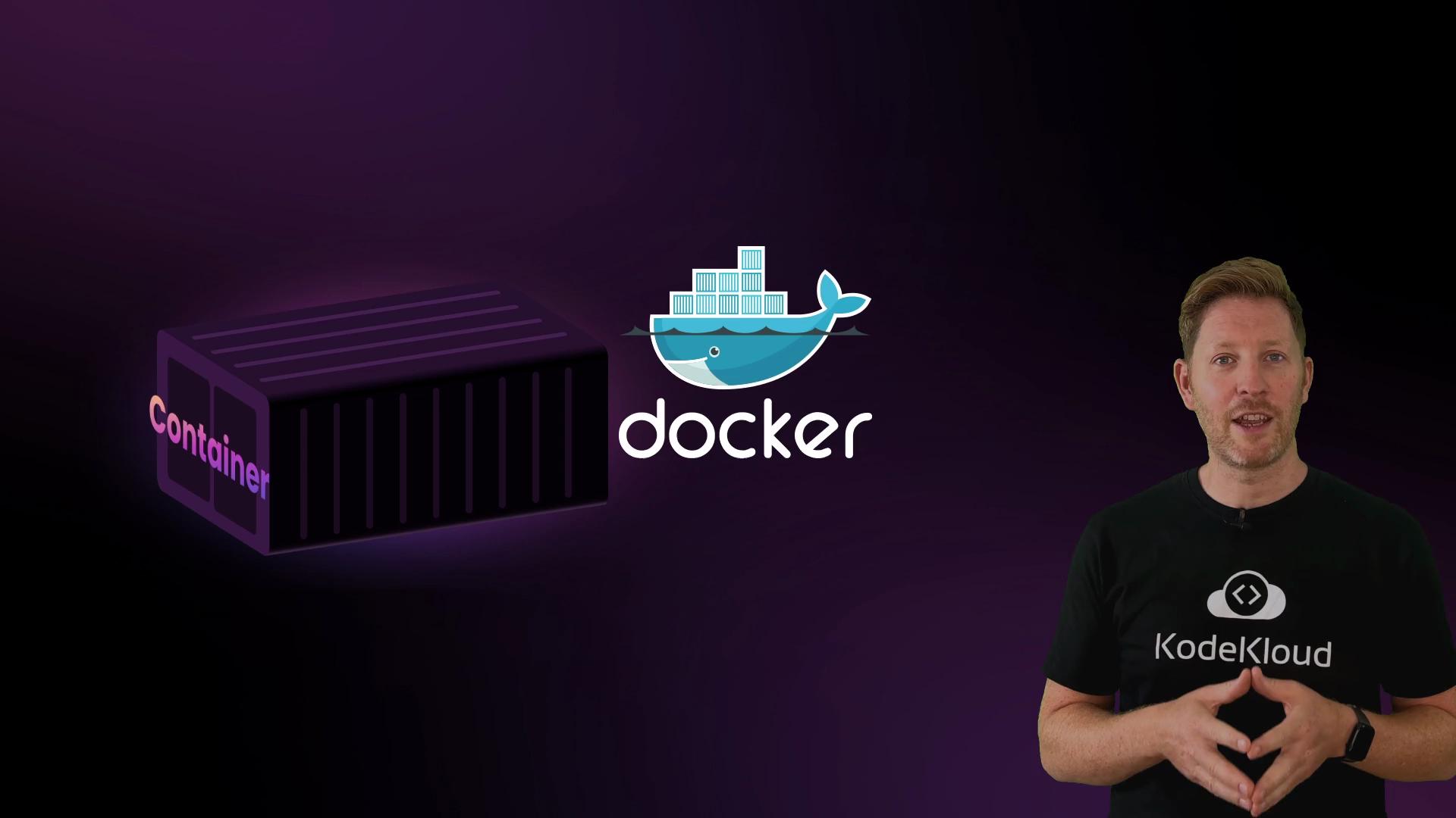 The image features a person standing next to the Docker logo and an illustration of a container on a dark background.
