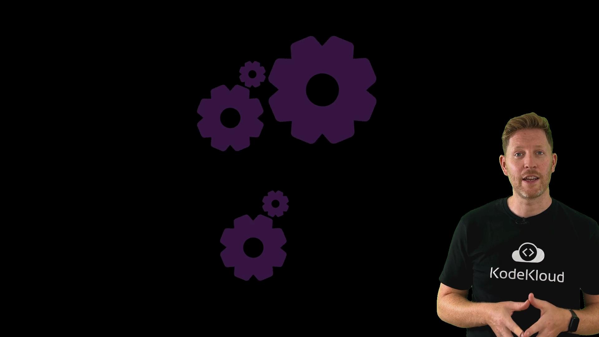 The image shows a person wearing a "KodeKloud" shirt against a black background with purple gear icons.