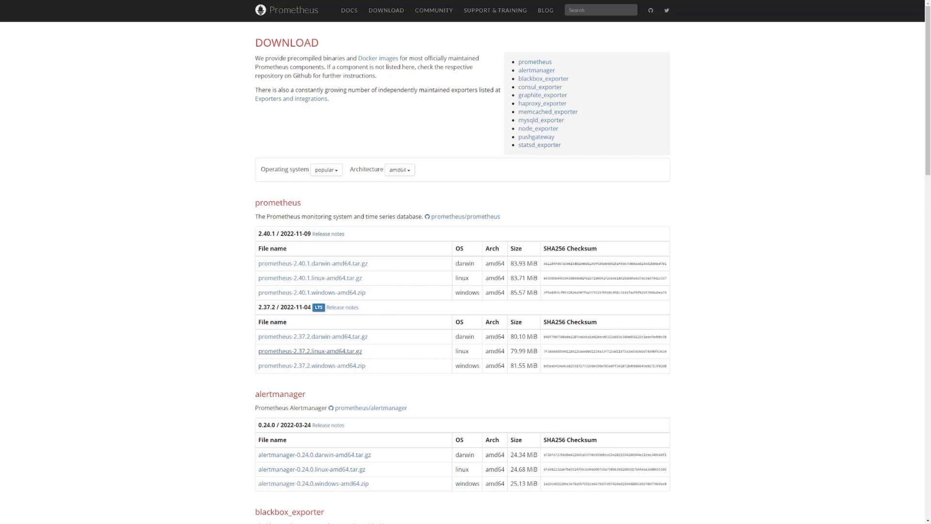A screenshot of the Prometheus "Download" webpage showing tables of precompiled binaries and exporters with file names, OS/architecture, sizes and SHA256 checksums. The page header and a sidebar list of exporter links are visible.