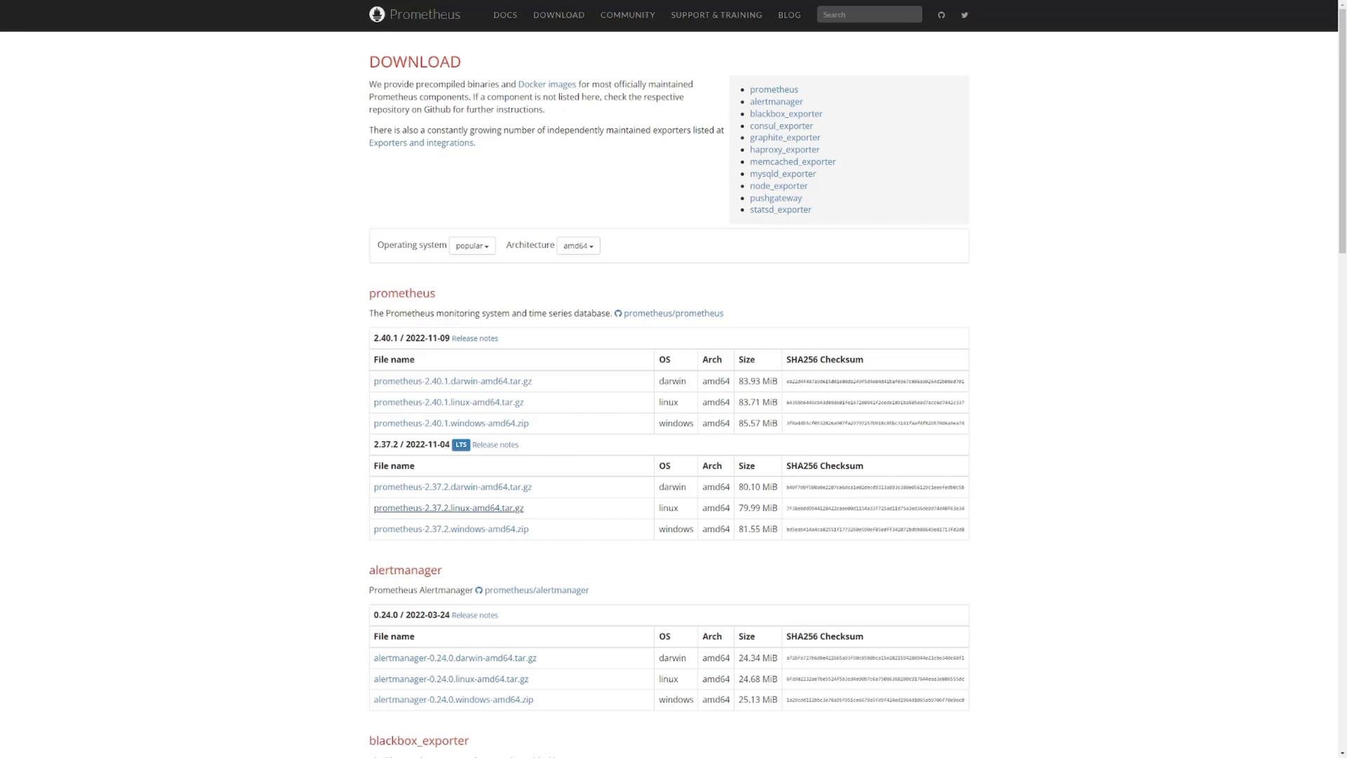 A screenshot of the Prometheus "Download" webpage showing tables of precompiled binaries and exporters with file names, OS/architecture, sizes and SHA256 checksums. The page header and a sidebar list of exporter links are visible.