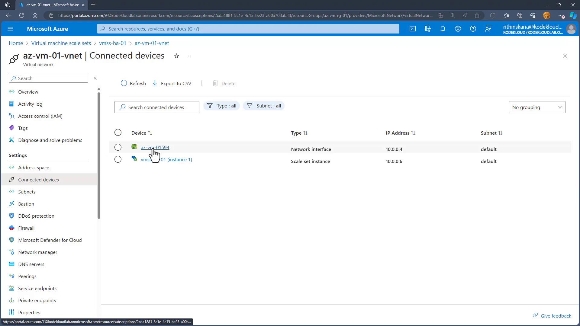 Screenshot of the Microsoft Azure portal showing the "az-vm-01-vnet | Connected devices" page. It lists two connected devices (a network interface and a scale set instance) with IPs 10.0.0.4 and 10.0.0.6 on the "default" subnet.