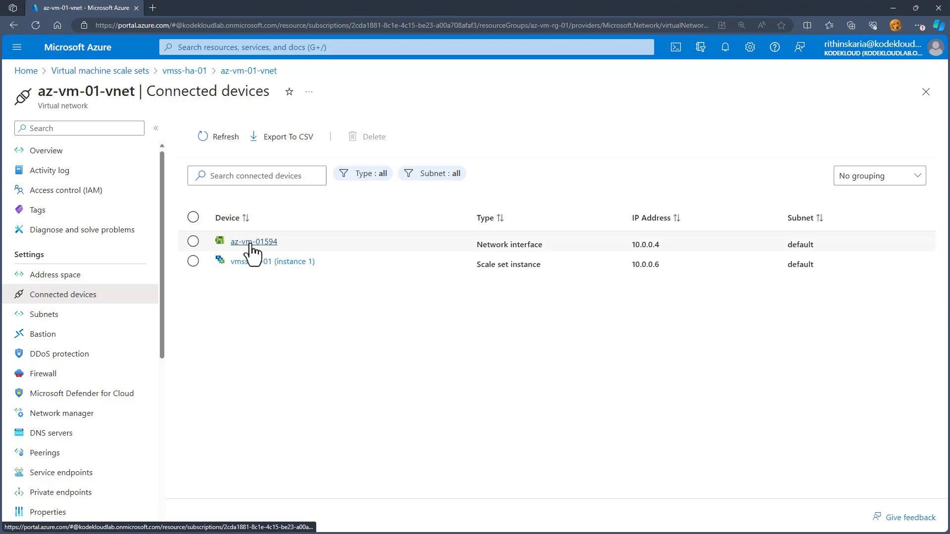 Screenshot of the Microsoft Azure portal showing the "az-vm-01-vnet | Connected devices" page. It lists two connected devices (a network interface and a scale set instance) with IPs 10.0.0.4 and 10.0.0.6 on the "default" subnet.