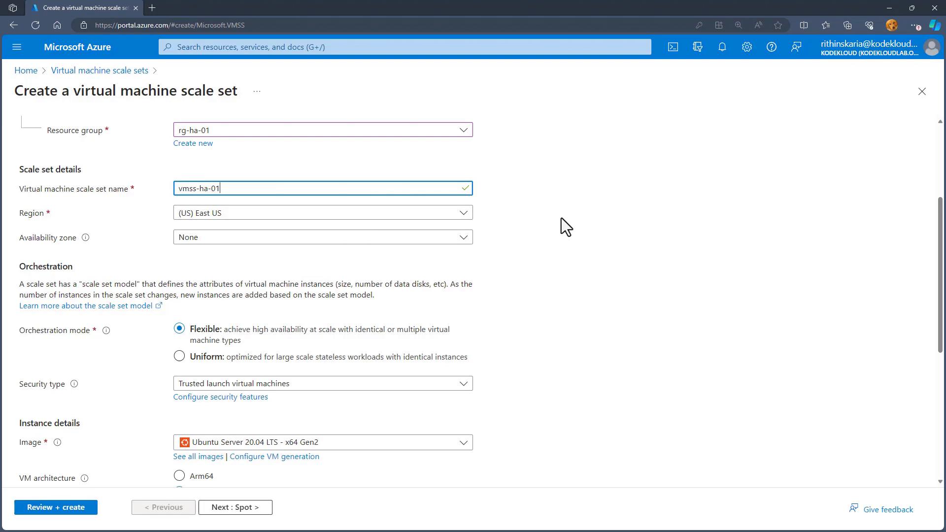 A screenshot of the Microsoft Azure portal showing the "Create a virtual machine scale set" page. The form displays fields like Resource group (rg-ha-01), scale set name (vmss-ha-01), region (East US), orchestration mode options, and the selected image (Ubuntu Server 20.04 LTS).