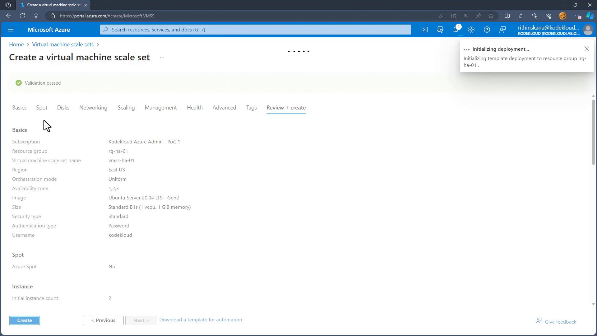A screenshot of the Microsoft Azure portal on the "Create a virtual machine scale set" Review + create page showing validation passed and a summary of settings (subscription, resource group, region, image, size, etc.). A notification in the corner says "Initializing deployment..." for the resource group rg-ha-01.
