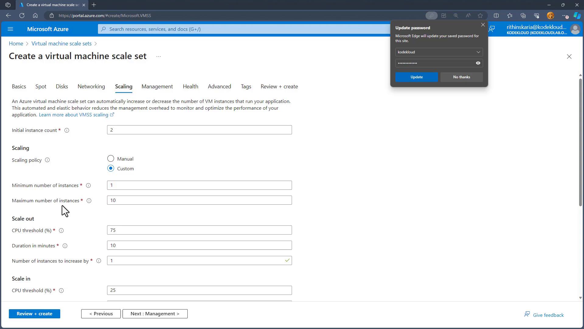 A screenshot of the Microsoft Azure portal showing the "Create a virtual machine scale set" page with the Scaling tab open, including fields for initial instance count, min/max instances, and CPU thresholds. A small Microsoft Edge "Update password" popup is visible in the upper-right.