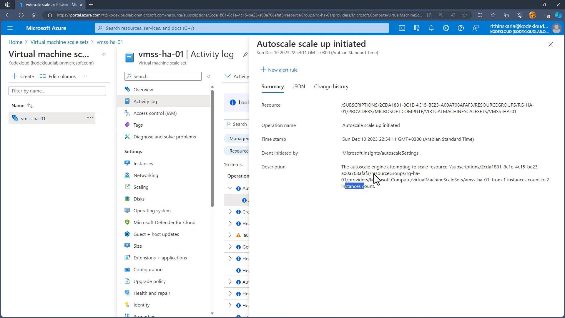 A Microsoft Azure portal screenshot showing the vmss-ha-01 virtual machine scale set Activity log with an "Autoscale scale up initiated" event. The details indicate the autoscale engine is increasing the instance count (from 1 to 2).