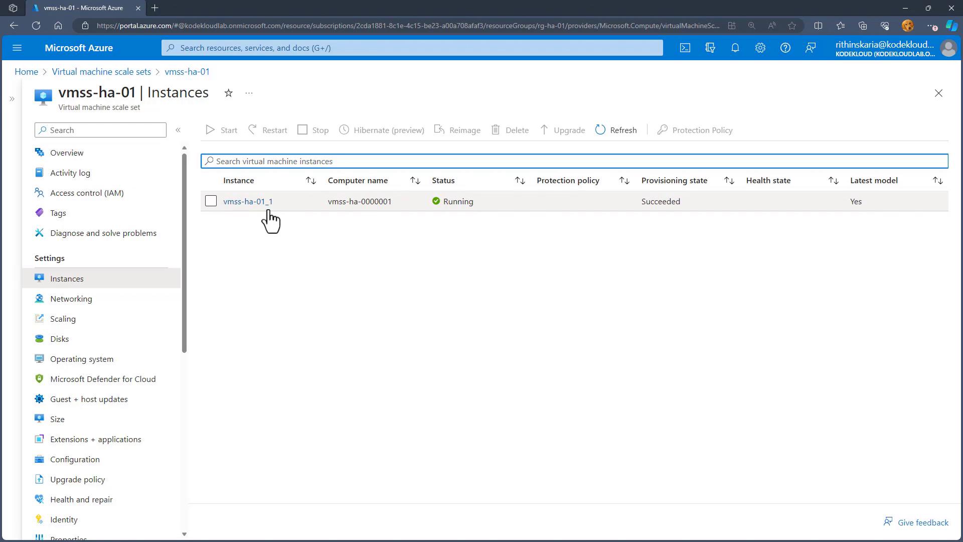 Screenshot of the Microsoft Azure portal showing the "vmss-ha-01" virtual machine scale set Instances page. It lists one instance (vmss-ha-01_1) with computer name vmss-ha-0000001, status "Running" and provisioning state "Succeeded."
