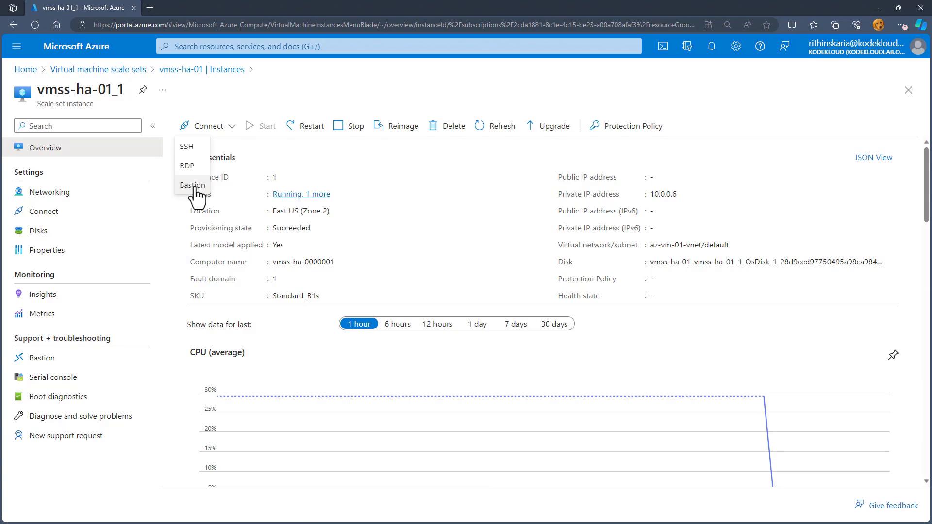 A screenshot of the Microsoft Azure portal showing the overview page for a virtual machine scale set instance (vmss-ha-01_1), with a Connect dropdown (SSH/RDP/Bastion), instance details (private IP, location, provisioning state), and a CPU usage chart.