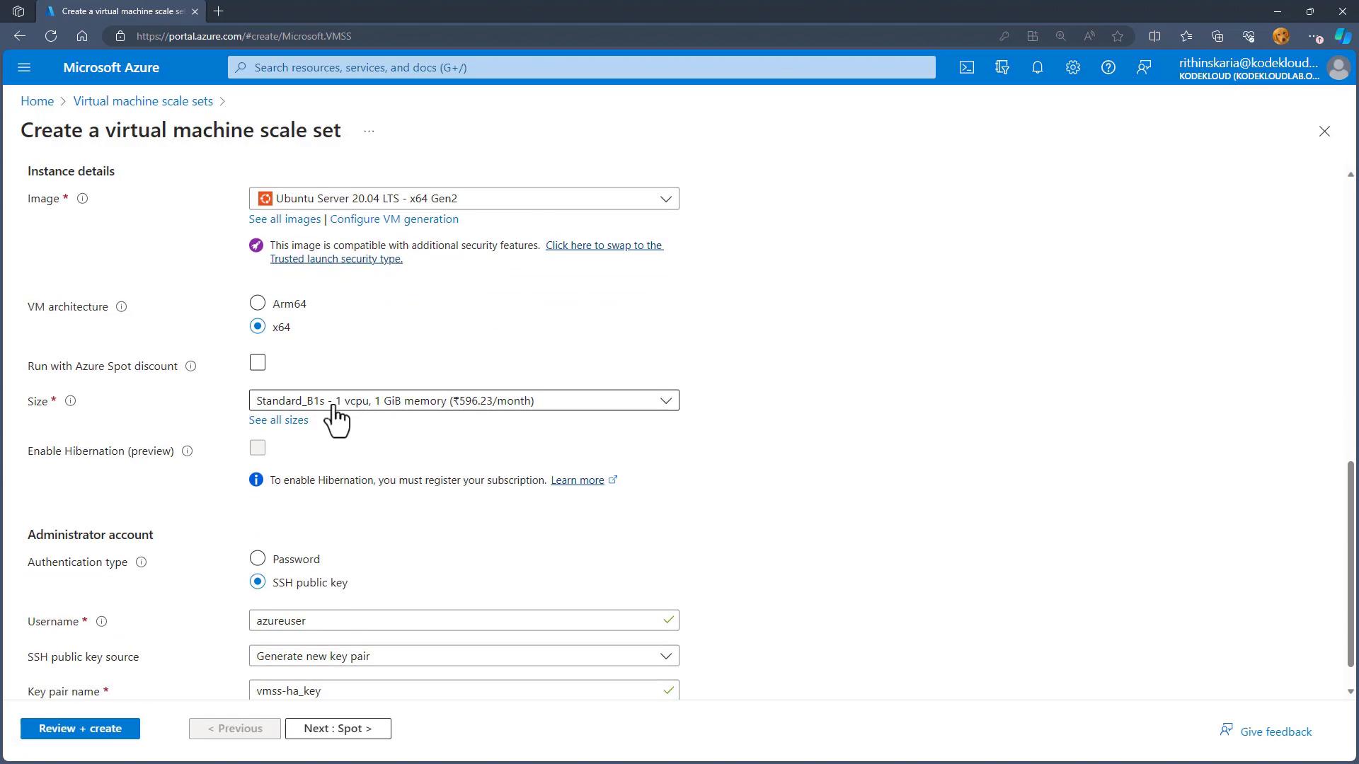 A screenshot of the Microsoft Azure portal showing the "Create a virtual machine scale set" form. It displays options like the selected image (Ubuntu Server 20.04 LTS), VM architecture and size, and administrator account settings.