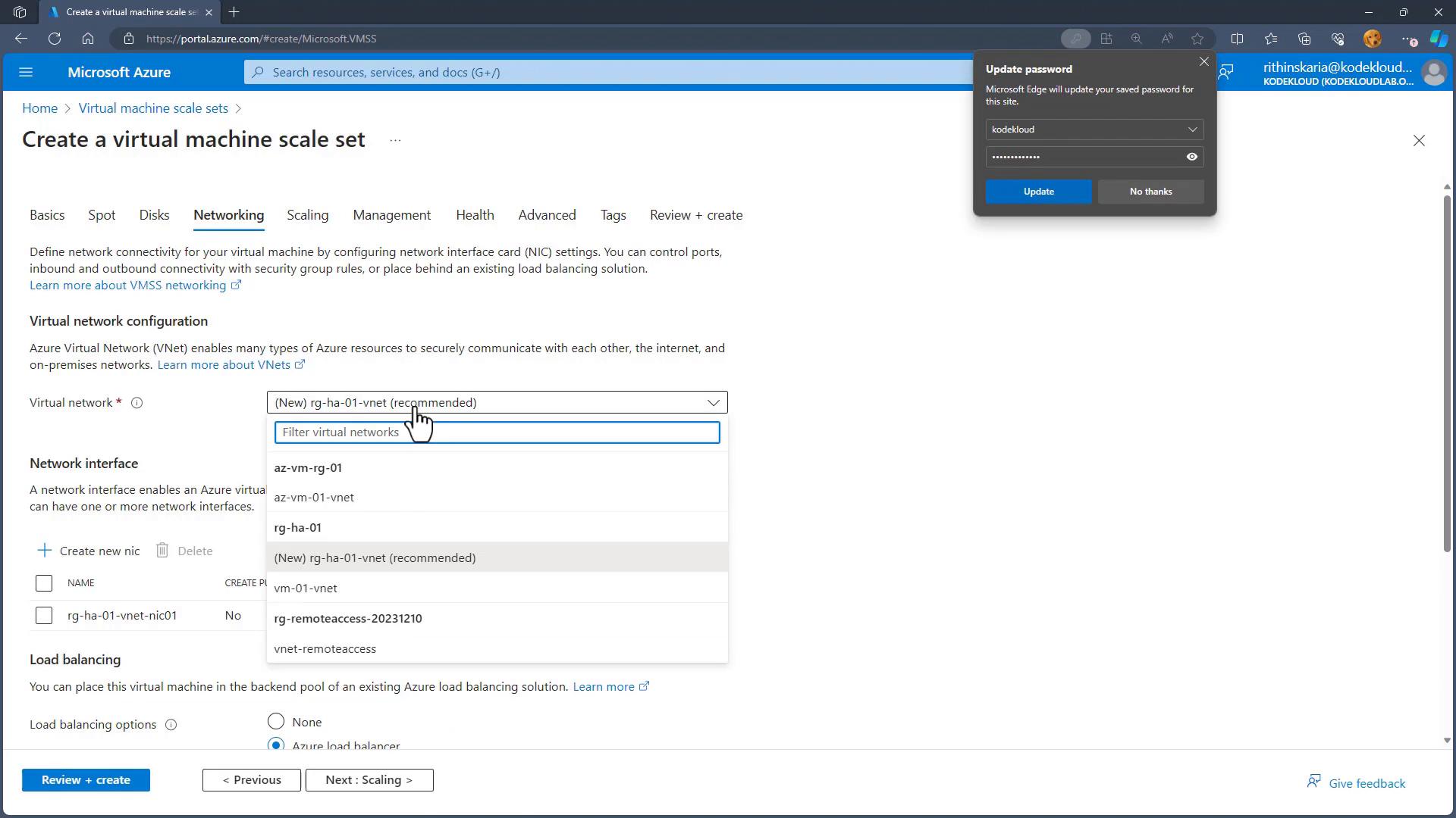 A screenshot of the Microsoft Azure portal on the "Create a virtual machine scale set" Networking tab showing a virtual network dropdown list and network interface options. A Microsoft Edge "Update password" popup is visible in the top-right.