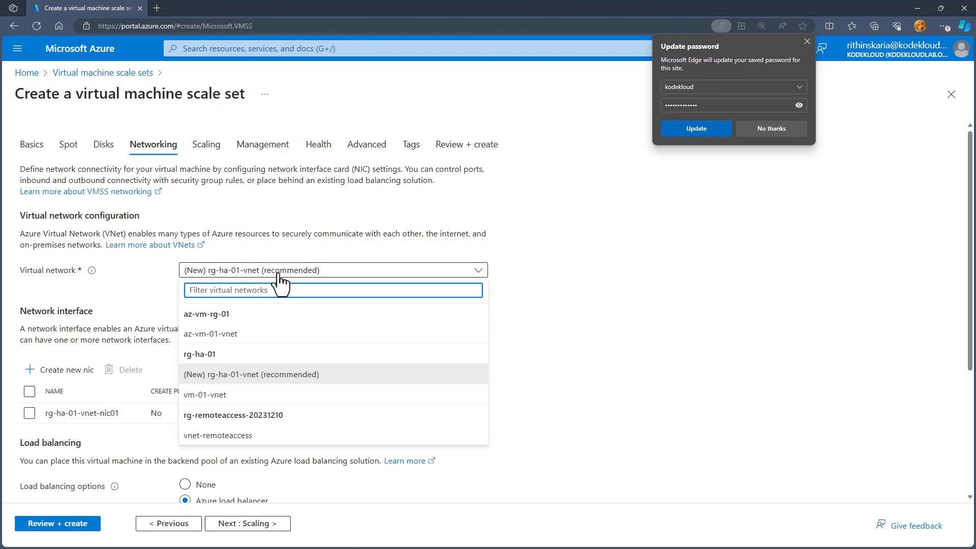 A screenshot of the Microsoft Azure portal on the "Create a virtual machine scale set" Networking tab showing a virtual network dropdown list and network interface options. A Microsoft Edge "Update password" popup is visible in the top-right.