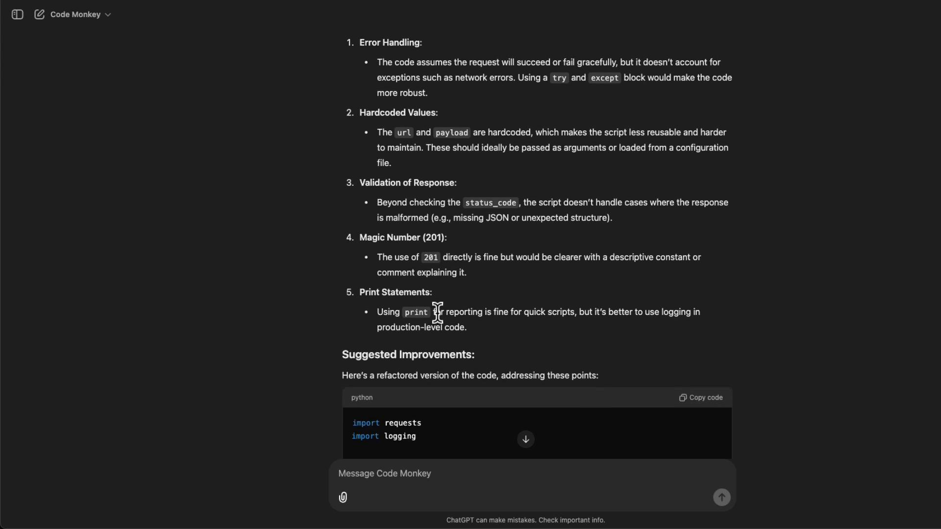 Screenshot of a dark-themed code-review/chat interface titled "Code Monkey" showing a numbered list of issues (error handling, hardcoded values, validation, magic number 201, print statements) and a "Suggested Improvements" section with a Python code snippet. The UI includes a message input box at the bottom.