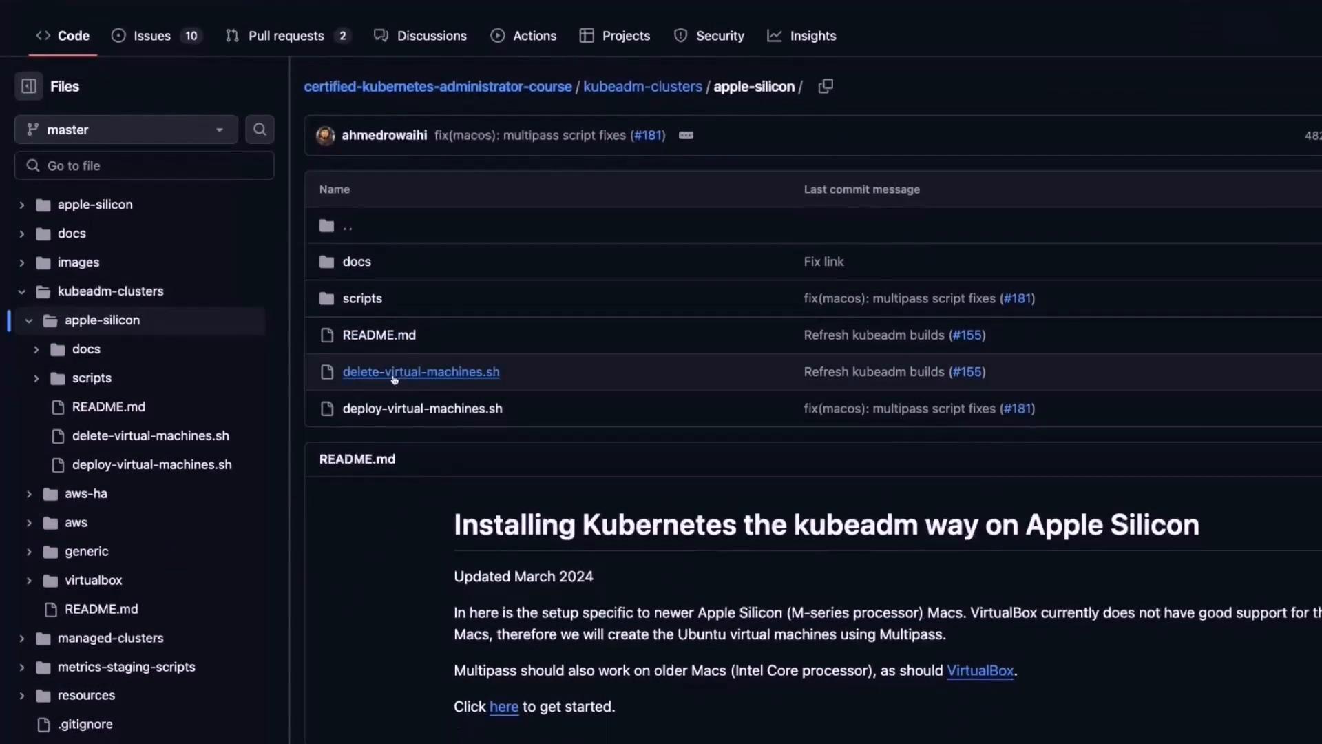 A dark‑mode GitHub repository view showing an "apple-silicon" folder with files like README.md and shell scripts (delete‑virtual‑machines.sh, deploy‑virtual‑machines.sh). The right pane displays a README titled "Installing Kubernetes the kubeadm way on Apple Silicon."