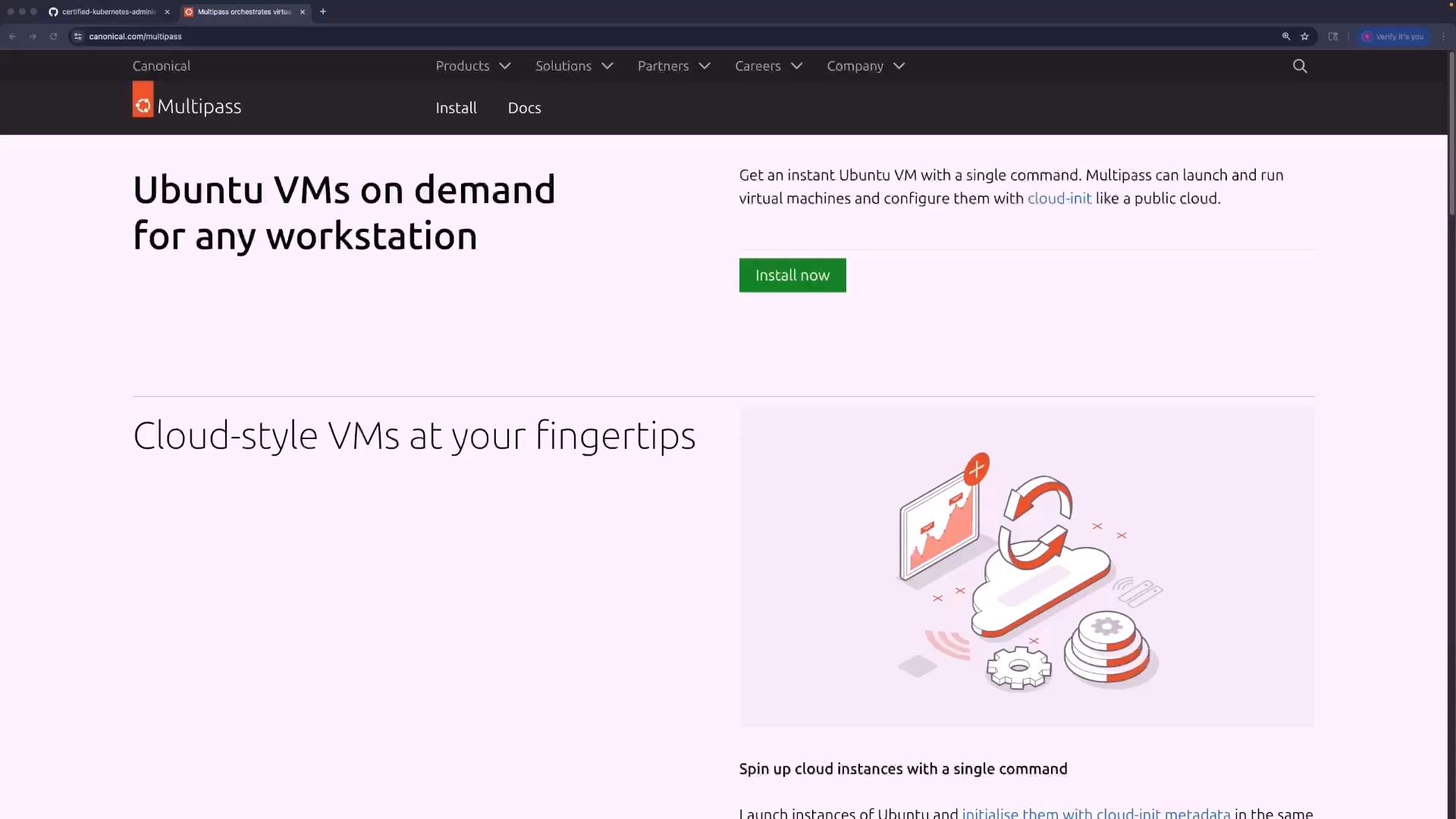 A webpage for Canonical's Multipass showing the headline "Ubuntu VMs on demand for any workstation," an "Install now" button, and a section titled "Cloud-style VMs at your fingertips" with a cloud/VM illustration.