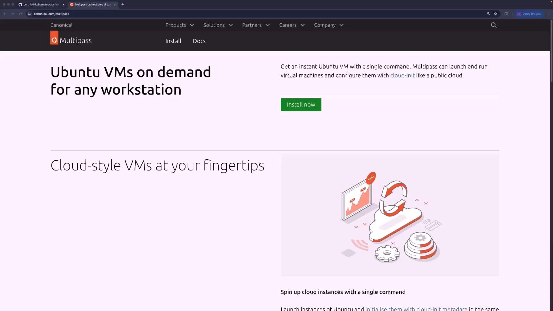 A webpage for Canonical's Multipass showing the headline "Ubuntu VMs on demand for any workstation," an "Install now" button, and a section titled "Cloud-style VMs at your fingertips" with a cloud/VM illustration.