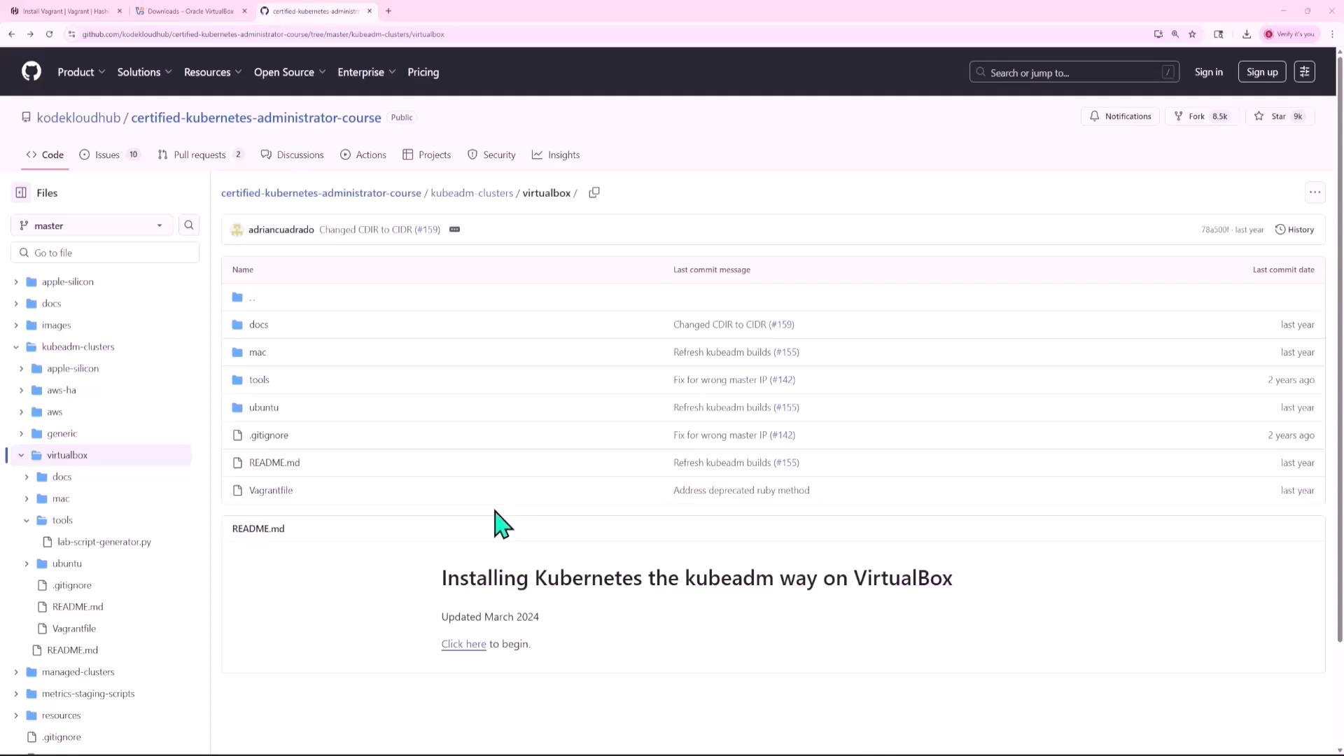 A screenshot of a GitHub repository page (kodekloudhub / certified-kubernetes-administrator-course) showing the file tree and a README titled "Installing Kubernetes the kubeadm way on VirtualBox."